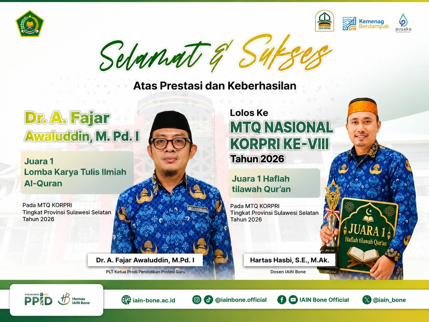 Dua ASN IAIN Bone Juara 1 MTQ KORPRI Sulawesi Selatan, Melaju ke Tingkat Nasional